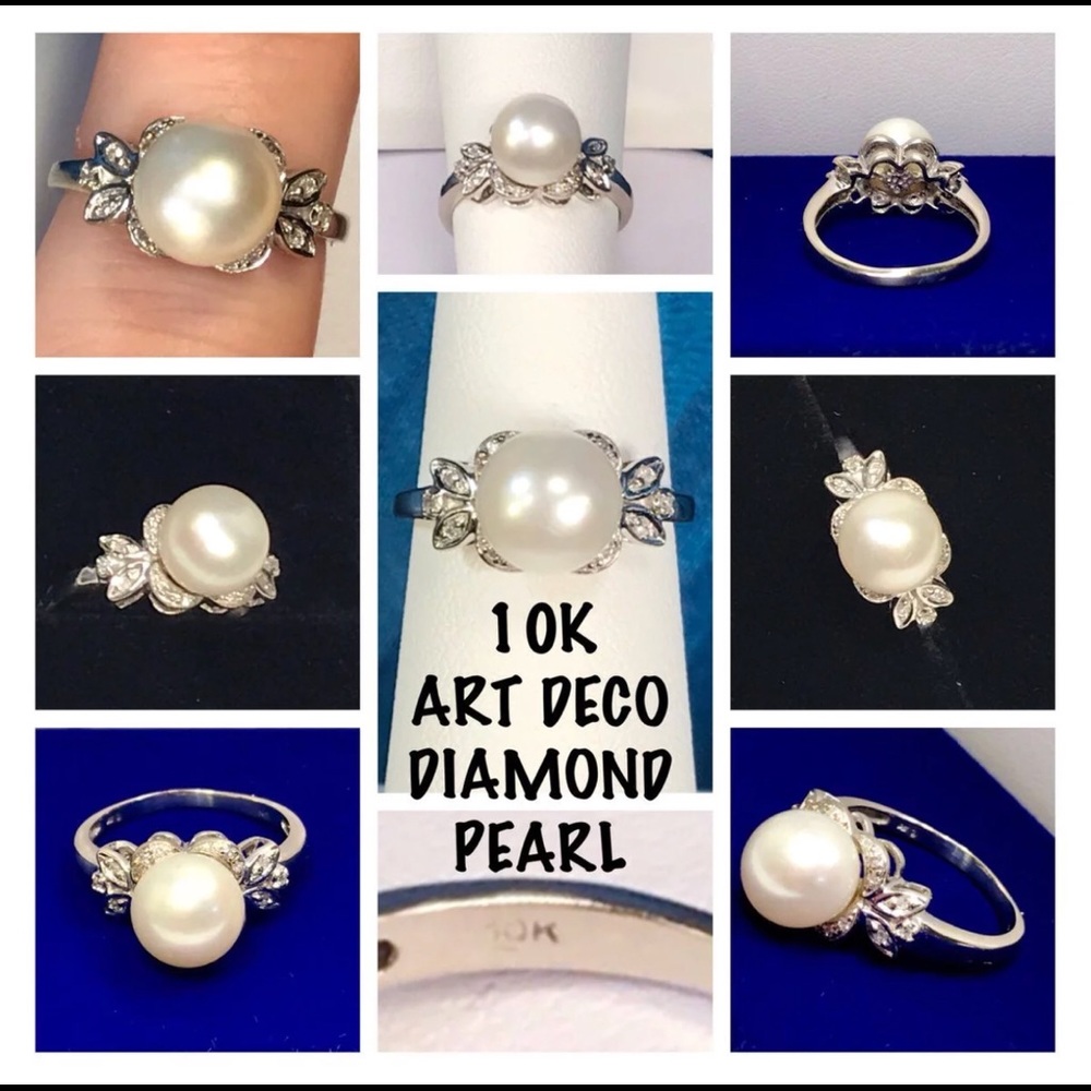 10K GENUINE ART DECO PEARL & DIAMOND COCKTAIL RING